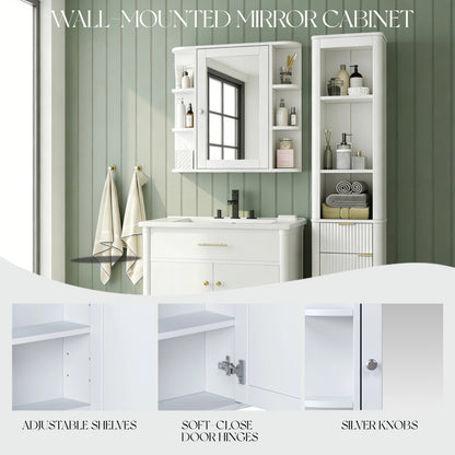 Bathroom Wall Storage Cabinet With Mirror, Medicine Cabinet With Adjustable Wood Shelf & Doors, Mounted Storage Cabinets With 6 Open Shelves, White