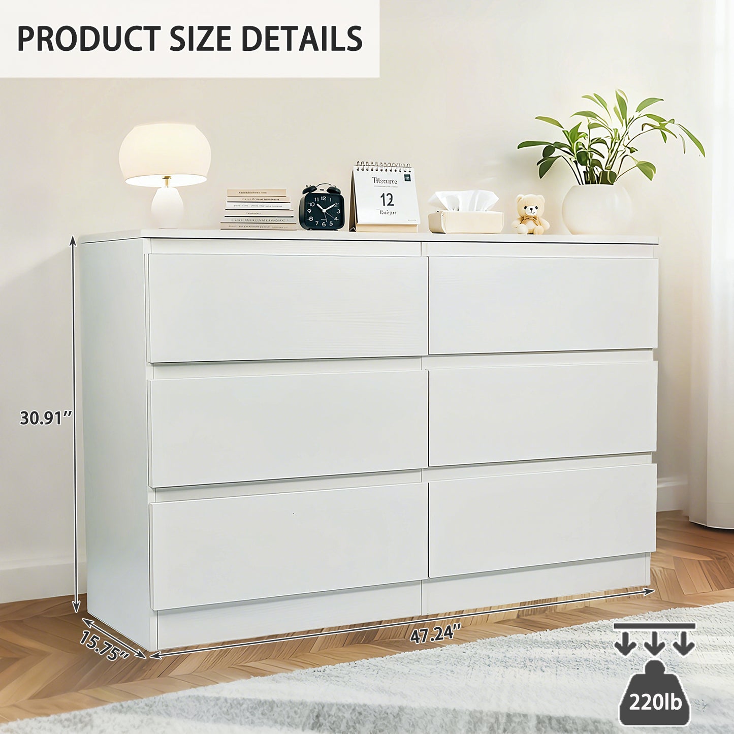 6-Drawer White Dresser with Concealed Handles & Spacious Countertop - Modern Bedroom Storage Cabinet