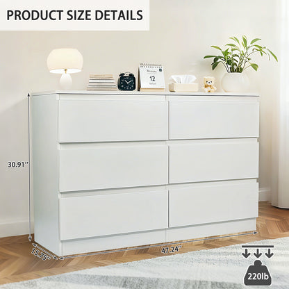 6-Drawer White Dresser with Concealed Handles & Spacious Countertop - Modern Bedroom Storage Cabinet
