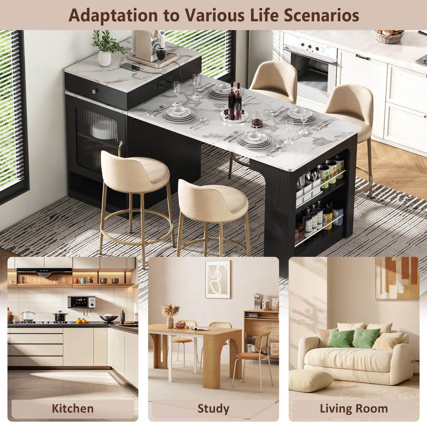 59.5" Kitchen Island with Extendable Dining Table, 2 Drawers, Power Outlet, Double-sided Storage and Open Shelves, Black