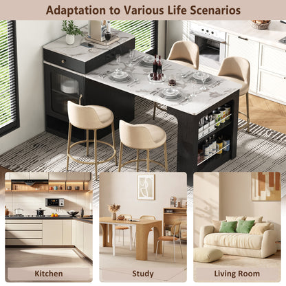 59.5" Kitchen Island with Extendable Dining Table, 2 Drawers, Power Outlet, Double-sided Storage and Open Shelves, Black
