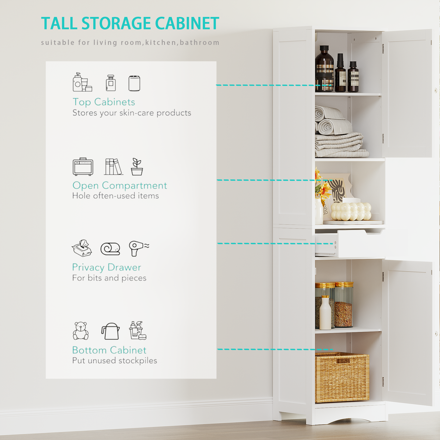 67 Tall Bathroom Cabinet, Storage Cabinet With 2 Doors & 1 Drawer, Narrow Bathroom Storage Cabinets With Adjustable Shelves, Bathroom Floor Organizer For Living Room, Entryway, Home Office, White