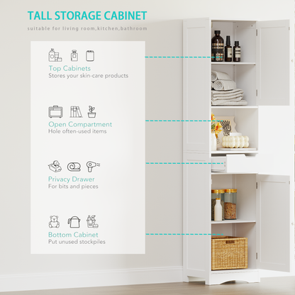 67 Tall Bathroom Cabinet, Storage Cabinet With 2 Doors & 1 Drawer, Narrow Bathroom Storage Cabinets With Adjustable Shelves, Bathroom Floor Organizer For Living Room, Entryway, Home Office, White