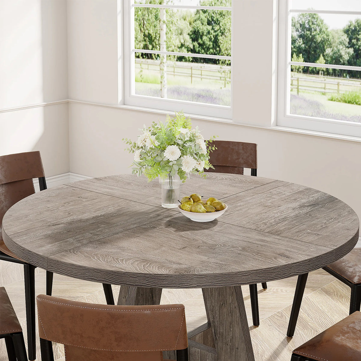 Round Dining Table for 4-6, 47" Kitchen Table with Pedestal Base and Thick MDF Top, Grey