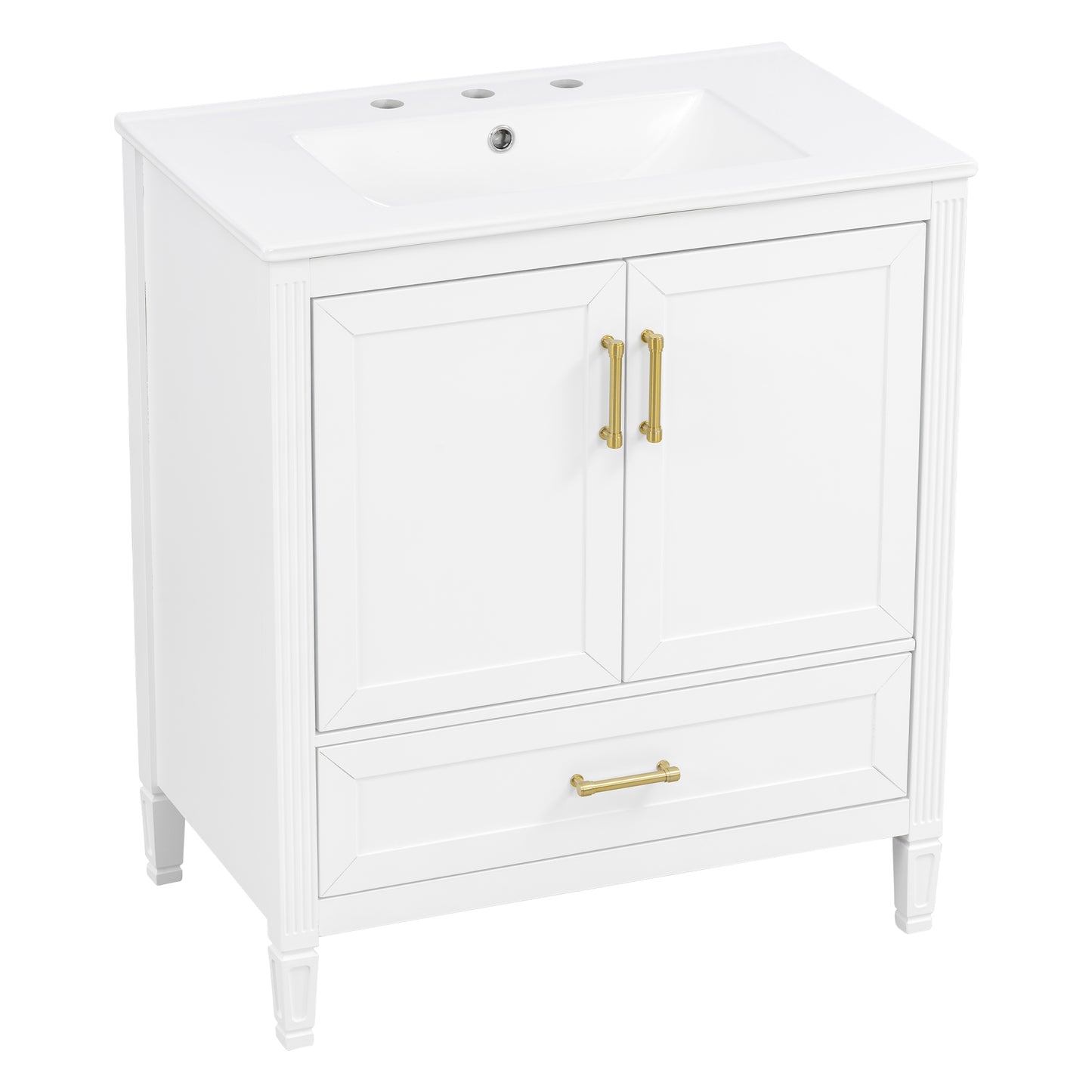 Elegant Fluted Bathroom Vanity With Ceramic Sink, Single Box Shipping, Solid Wood Legs, Soft-Close Doors & Drawer, Door Shelf, White