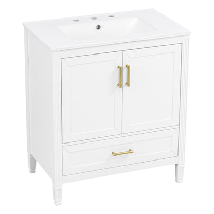Elegant Fluted Bathroom Vanity With Ceramic Sink, Single Box Shipping, Solid Wood Legs, Soft-Close Doors & Drawer, Door Shelf, White