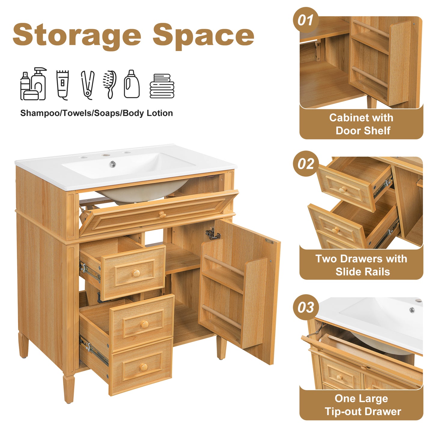 30" Bathroom Vanity with Sink - Wood Cabinet, Soft-Close Drawers & Door