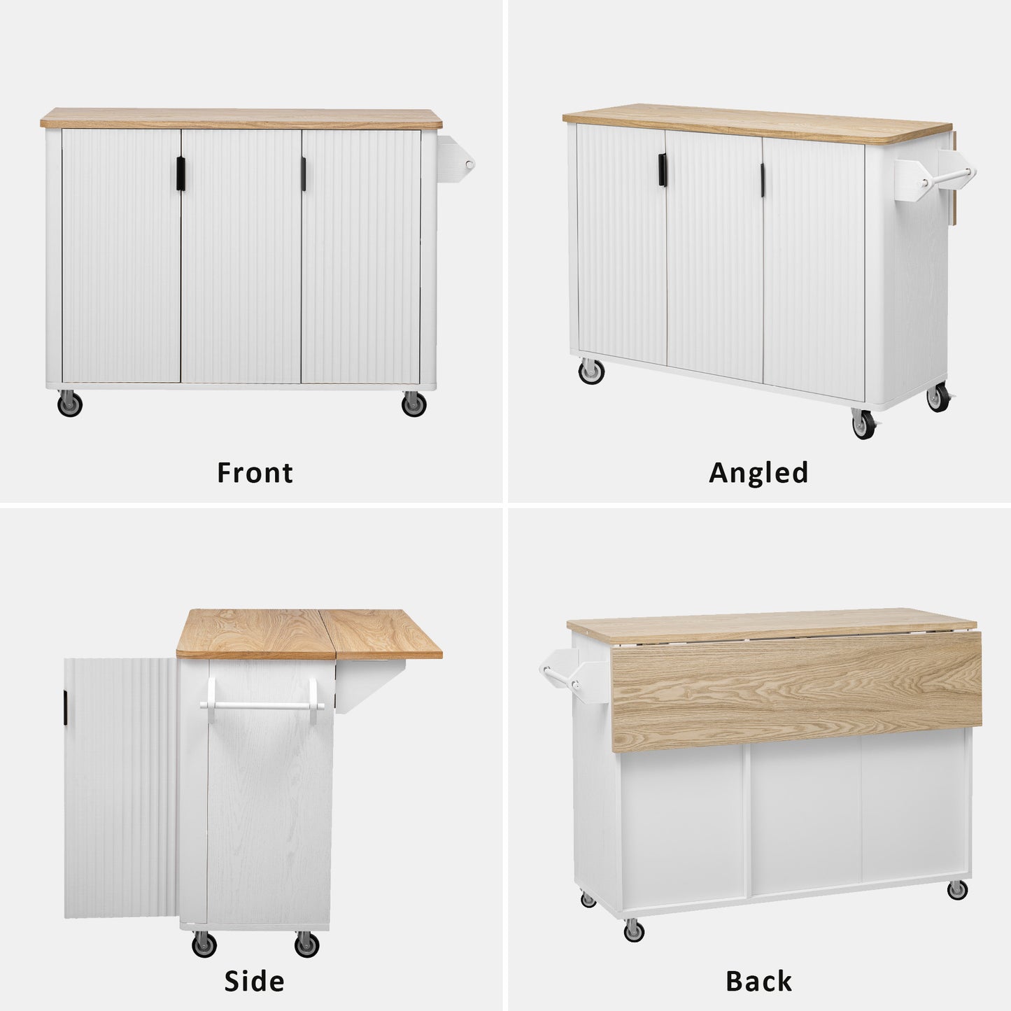 51" Fluted Kitchen Island with Drop Leaf, Rolling Kitchen Cart with Internal Storage Rack and Towel Rack, White