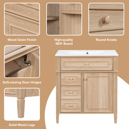30" Bathroom Vanity with Sink - Light Oak, Solid Wood & MDF, Soft-Close Drawers & Door