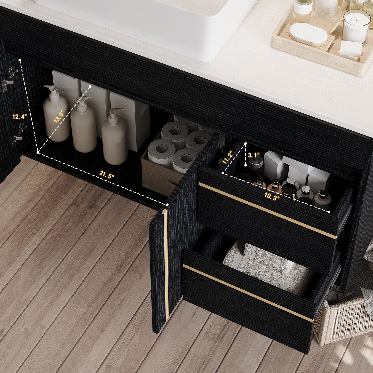 36  Wall-Mounted Bathroom Vanity With Vessel Ceramic Sink & Plywood Countertop -Soft-Close Door & Drawers, Floating Design