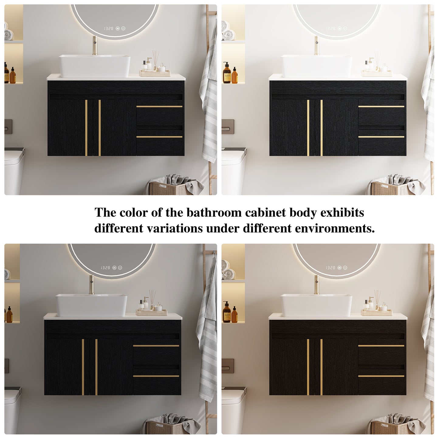 36  Wall-Mounted Bathroom Vanity With Vessel Ceramic Sink & Plywood Countertop -Soft-Close Door & Drawers, Floating Design