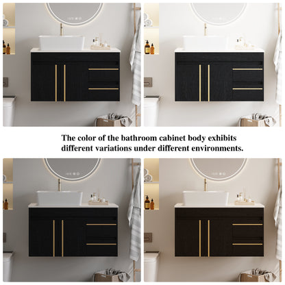 36  Wall-Mounted Bathroom Vanity With Vessel Ceramic Sink & Plywood Countertop -Soft-Close Door & Drawers, Floating Design