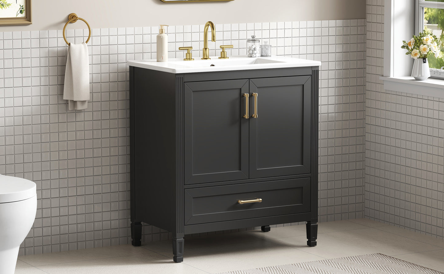 Elegant Fluted Bathroom Vanity With Ceramic Sink, Single Box Shipping, Solid Wood Legs, Soft-Close Doors & Drawer, Door Shelf, Black