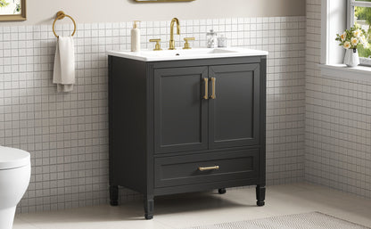 Elegant Fluted Bathroom Vanity With Ceramic Sink, Single Box Shipping, Solid Wood Legs, Soft-Close Doors & Drawer, Door Shelf, Black