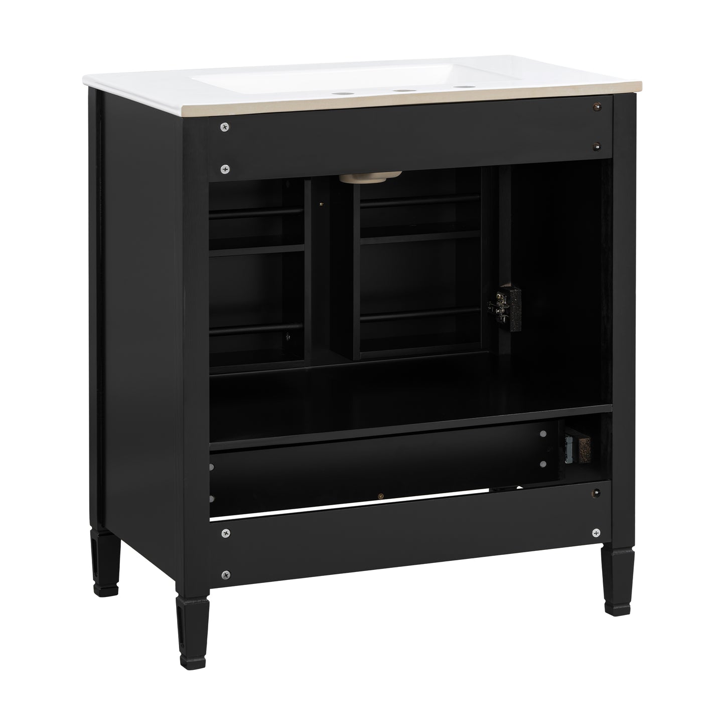 Elegant Fluted Bathroom Vanity With Ceramic Sink, Single Box Shipping, Solid Wood Legs, Soft-Close Doors & Drawer, Door Shelf, Black