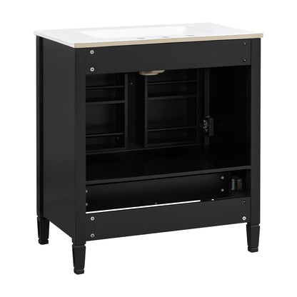 Elegant Fluted Bathroom Vanity With Ceramic Sink, Single Box Shipping, Solid Wood Legs, Soft-Close Doors & Drawer, Door Shelf, Black
