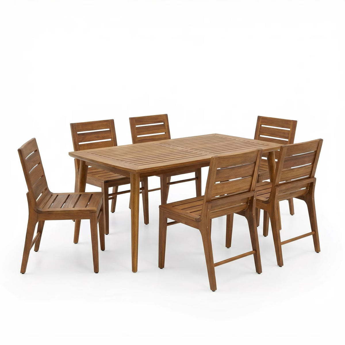 7-Piece Outdoor Acacia Wood Dining Set - 71" Teak Table with 6 Ergonomic Chairs