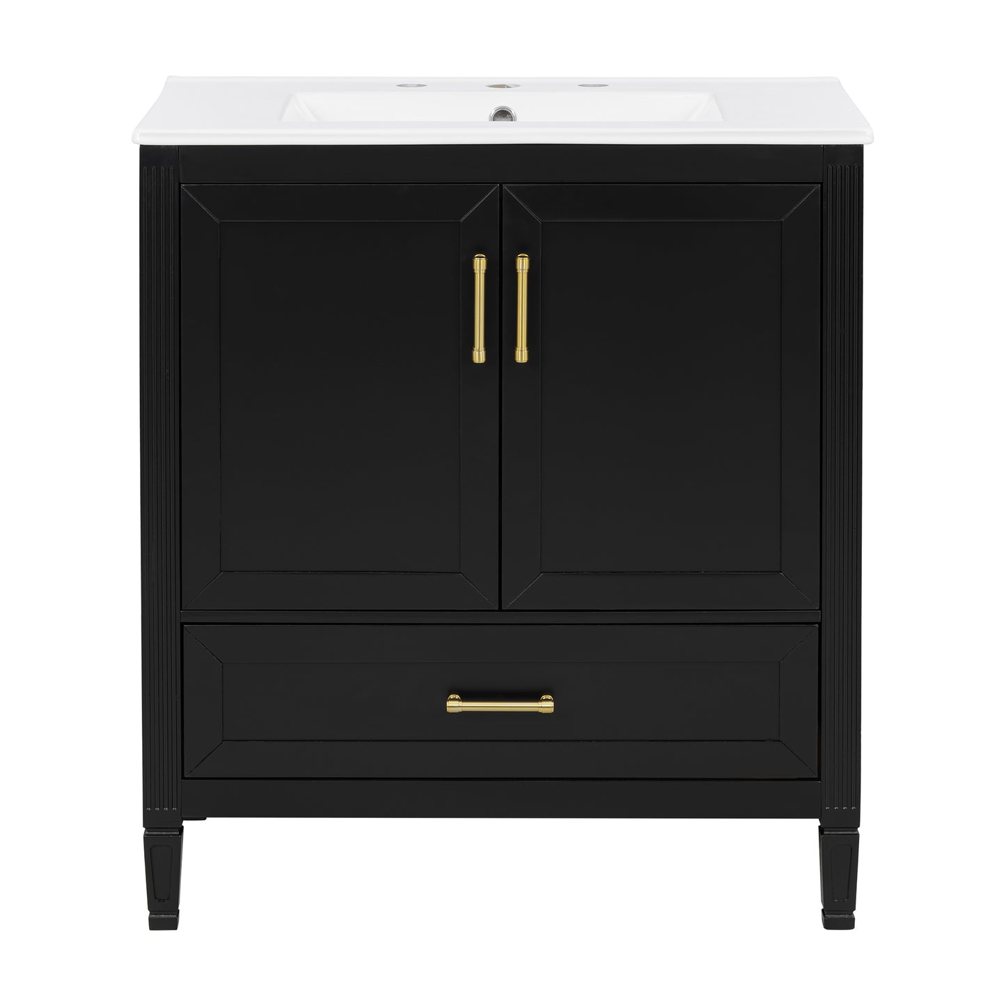 Elegant Fluted Bathroom Vanity With Ceramic Sink, Single Box Shipping, Solid Wood Legs, Soft-Close Doors & Drawer, Door Shelf, Black