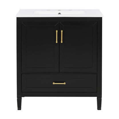 Elegant Fluted Bathroom Vanity With Ceramic Sink, Single Box Shipping, Solid Wood Legs, Soft-Close Doors & Drawer, Door Shelf, Black