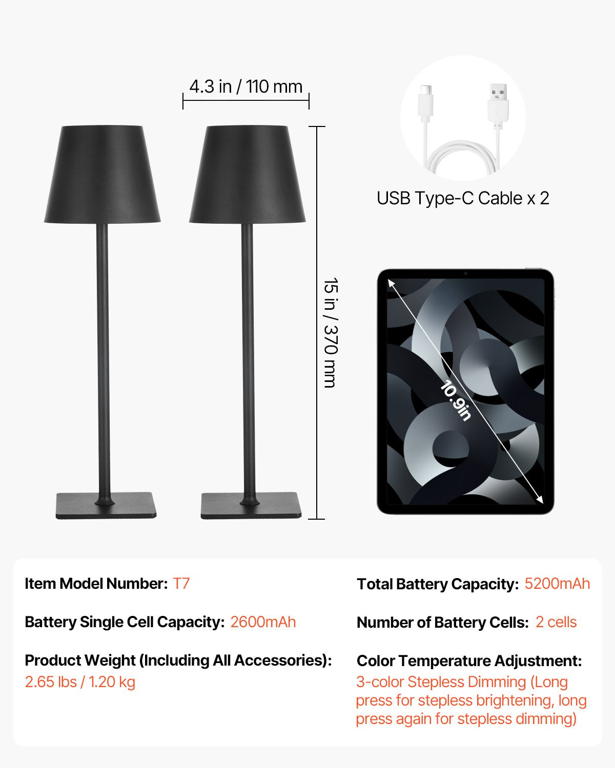 Cordless Rechargeable Table Lamp Set of 2 - 5200mAh Battery Desk Lamp, Black