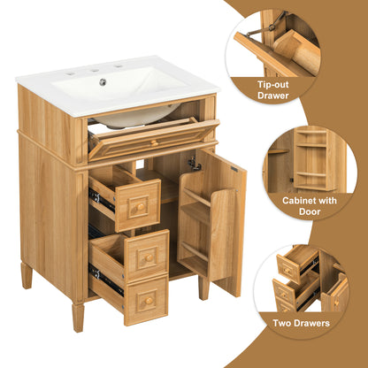 Bathroom Vanity With Sink, Wood Vanity Cabinet With Flip-Out Drawer, 2 Soft-Close Drawers, 1 Soft-Close Door, Solid Wood & MDF, Elegant Wood Handles, Warm Oak