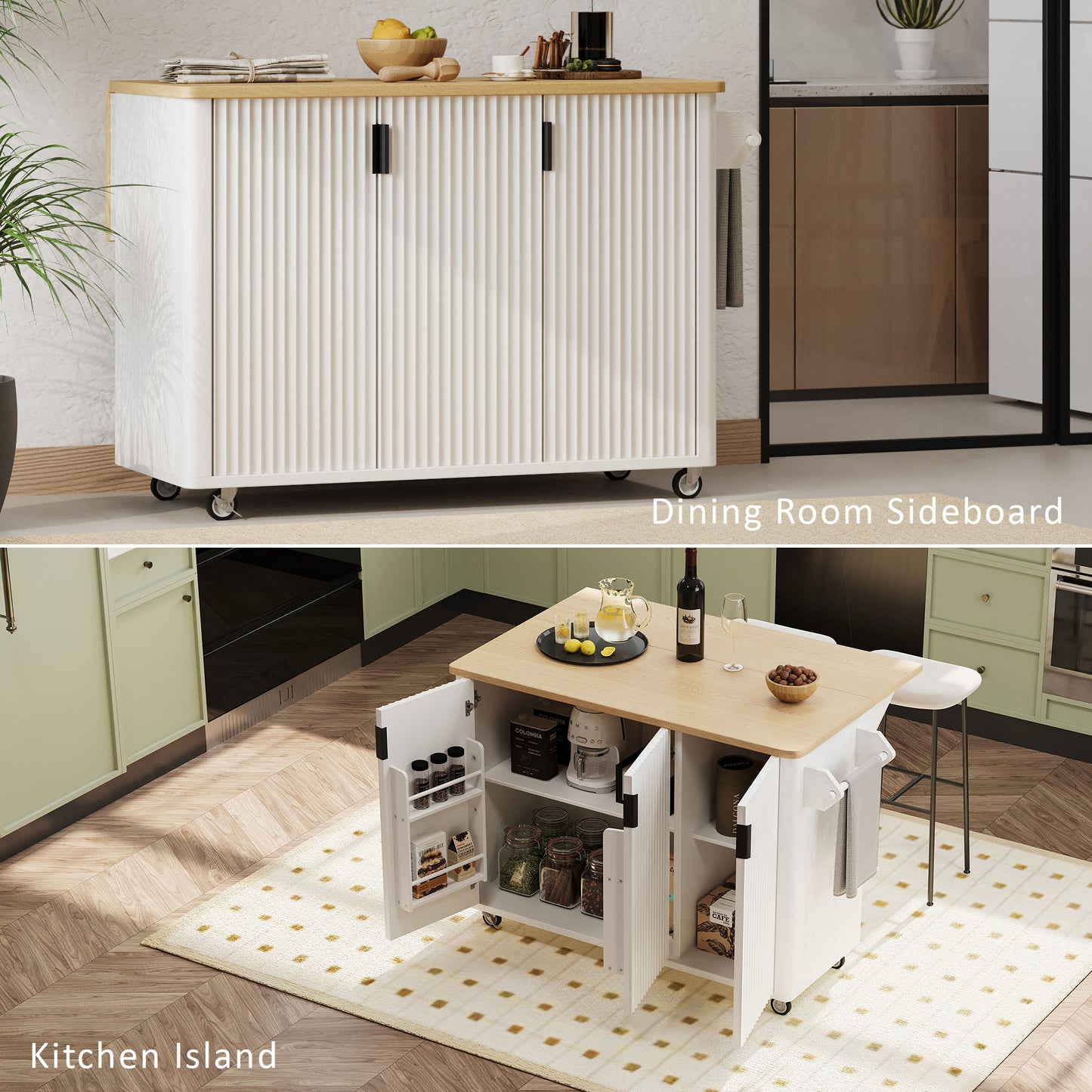 51" Fluted Kitchen Island with Drop Leaf, Rolling Kitchen Cart with Internal Storage Rack and Towel Rack, White