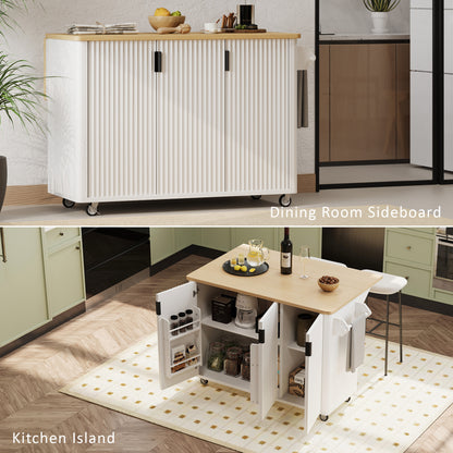 51" Fluted Kitchen Island with Drop Leaf, Rolling Kitchen Cart with Internal Storage Rack and Towel Rack, White