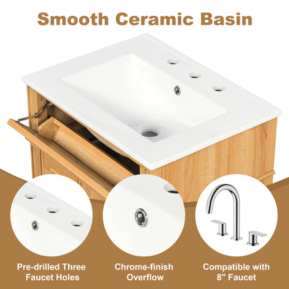 Bathroom Vanity With Sink, Wood Vanity Cabinet With Flip-Out Drawer, 2 Soft-Close Drawers, 1 Soft-Close Door, Solid Wood & MDF, Elegant Wood Handles, Warm Oak