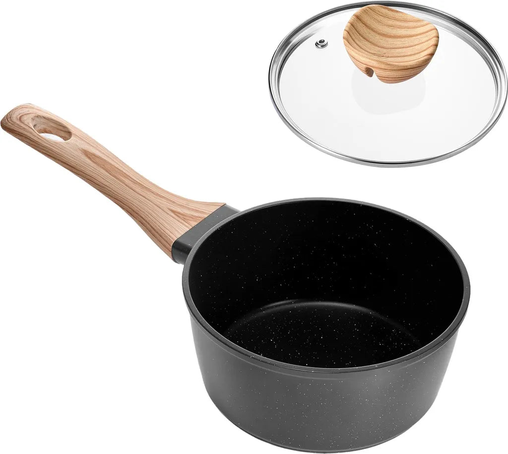 1.5 QT Saucepan, Nonstick Saucepan With Tempered Glass Lid, Multipurpose Cooking Sauce Pot With Detachable Handle, Sauce Pan Small Kitchen Cooking Pot With Coating, Induction Compatible, Black