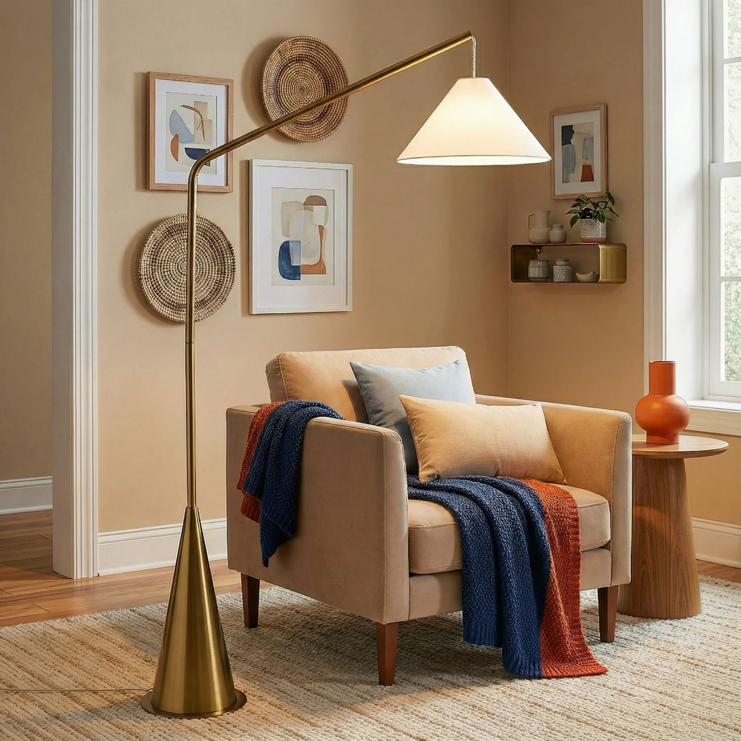 Lisbon Floor Lamp - Antique Brass Base & White Fabric Shade