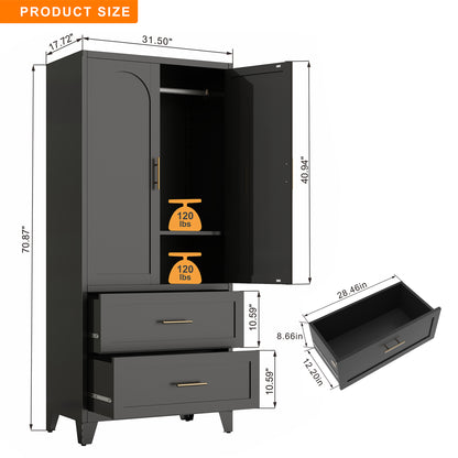71" Metal Wardrobe Closet with 2 Doors, 2 Drawers & Hanging Rod - Steel Storage Cabinet, Black