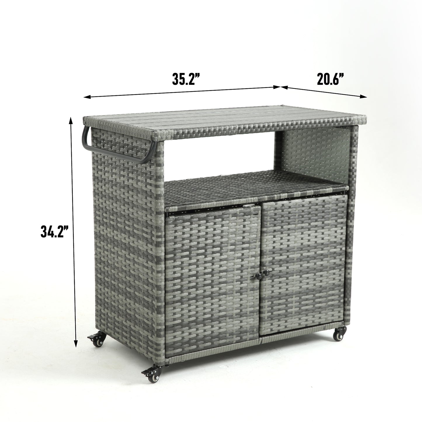 Outdoor Wicker Bar Cart with Wheels - Rolling Rattan Serving Cart with Glass Top, Black Brown
