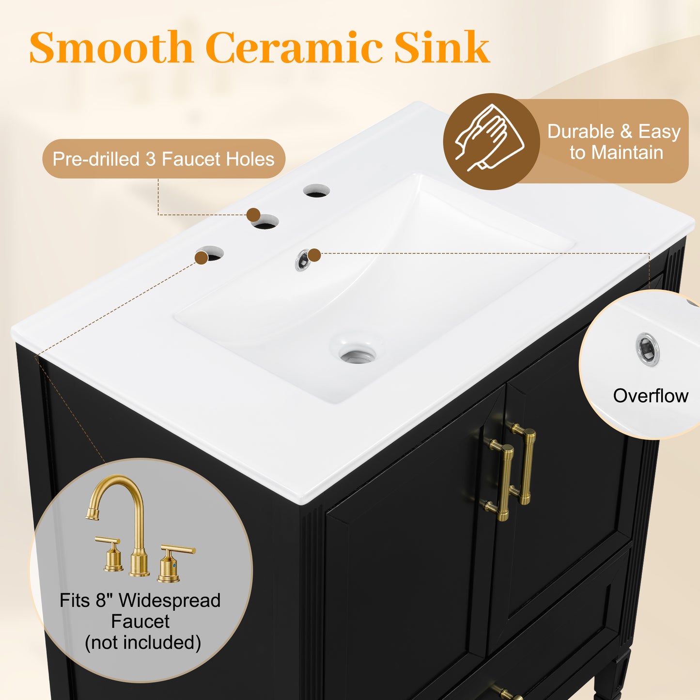 Elegant Fluted Bathroom Vanity With Ceramic Sink, Single Box Shipping, Solid Wood Legs, Soft-Close Doors & Drawer, Door Shelf, Black