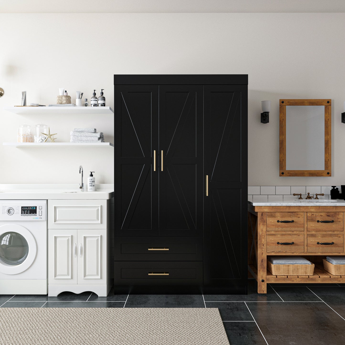 Shaker Style Classic Three-Door Wardrobe, Wood Bedroom Armoire With Hanging Rod And Shelves, Spacious Storage Closet, Modern Farmhouse Design, Black