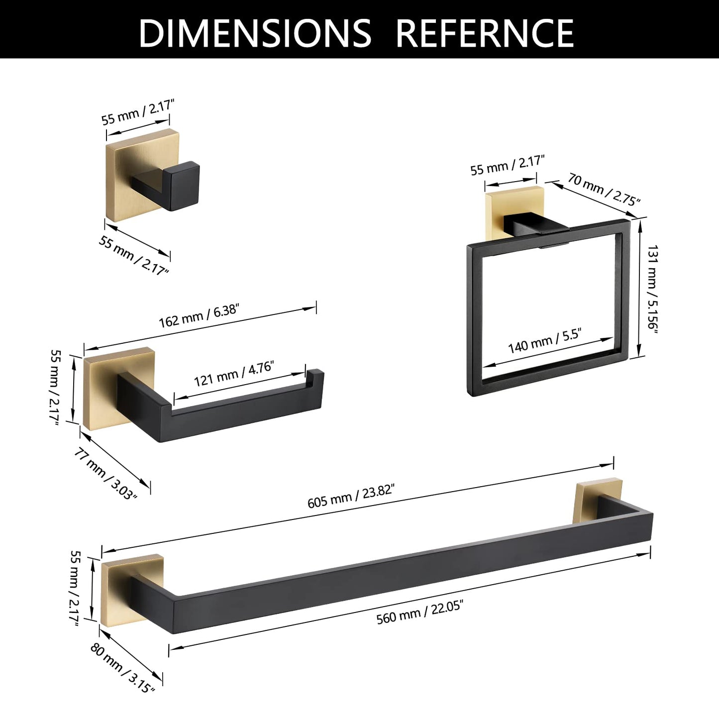 5 Pieces Bathroom Hardware Accessories Set Towel Bar Set Wall Mounted,Stainless Steel, Black Gold