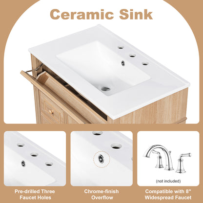 30" Bathroom Vanity with Sink - Light Oak, Solid Wood & MDF, Soft-Close Drawers & Door