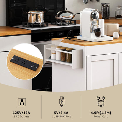 74.8" Kitchen Island with Extendable Dining Table, 3 Drawers, Power Outlet, Spice Rack and 2-Door Cabinet on Wheels, White