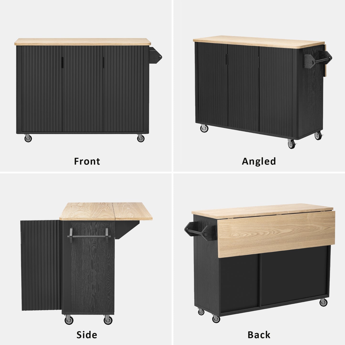 51" Fluted Kitchen Island with Drop Leaf, Rolling Kitchen Cart with Internal Storage Rack and Towel Rack, Black
