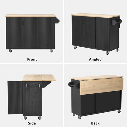 51" Fluted Kitchen Island with Drop Leaf, Rolling Kitchen Cart with Internal Storage Rack and Towel Rack, Black