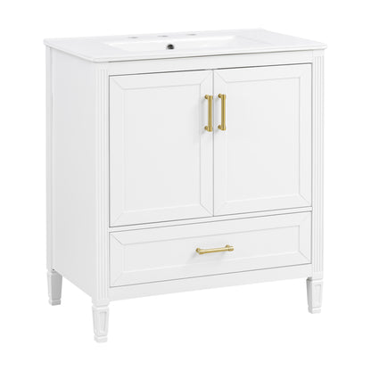 Elegant Fluted Bathroom Vanity With Ceramic Sink, Single Box Shipping, Solid Wood Legs, Soft-Close Doors & Drawer, Door Shelf, White