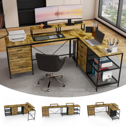 114" L-Shaped Gaming Desk with Power Hub, 6 Drawers & Removable Monitor Stand - Industrial Home Office Desk, Rustic Brown