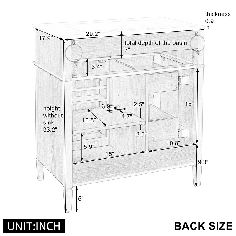30" Bathroom Vanity with Sink - Wood Cabinet, Soft-Close Drawers & Door