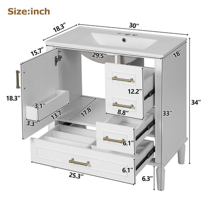 30  Bathroom Vanity With Ceramic Sink, Soft-Close Door With Built-in Shelf, Deep Drawer, Standard Drawer, Long Divider Drawer, Ample Storage Cabinet For Bathroom, Modern & Functional Design
