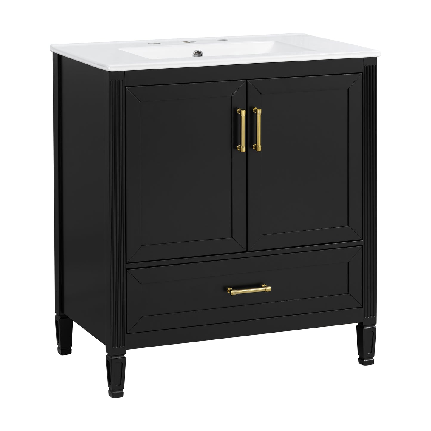 Elegant Fluted Bathroom Vanity With Ceramic Sink, Single Box Shipping, Solid Wood Legs, Soft-Close Doors & Drawer, Door Shelf, Black
