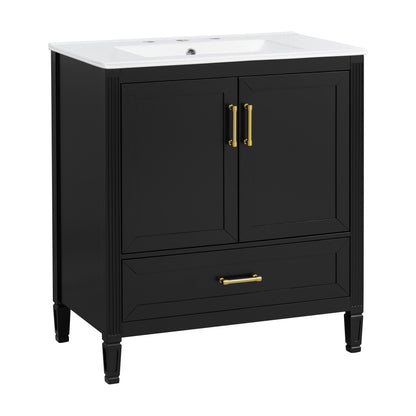 Elegant Fluted Bathroom Vanity With Ceramic Sink, Single Box Shipping, Solid Wood Legs, Soft-Close Doors & Drawer, Door Shelf, Black
