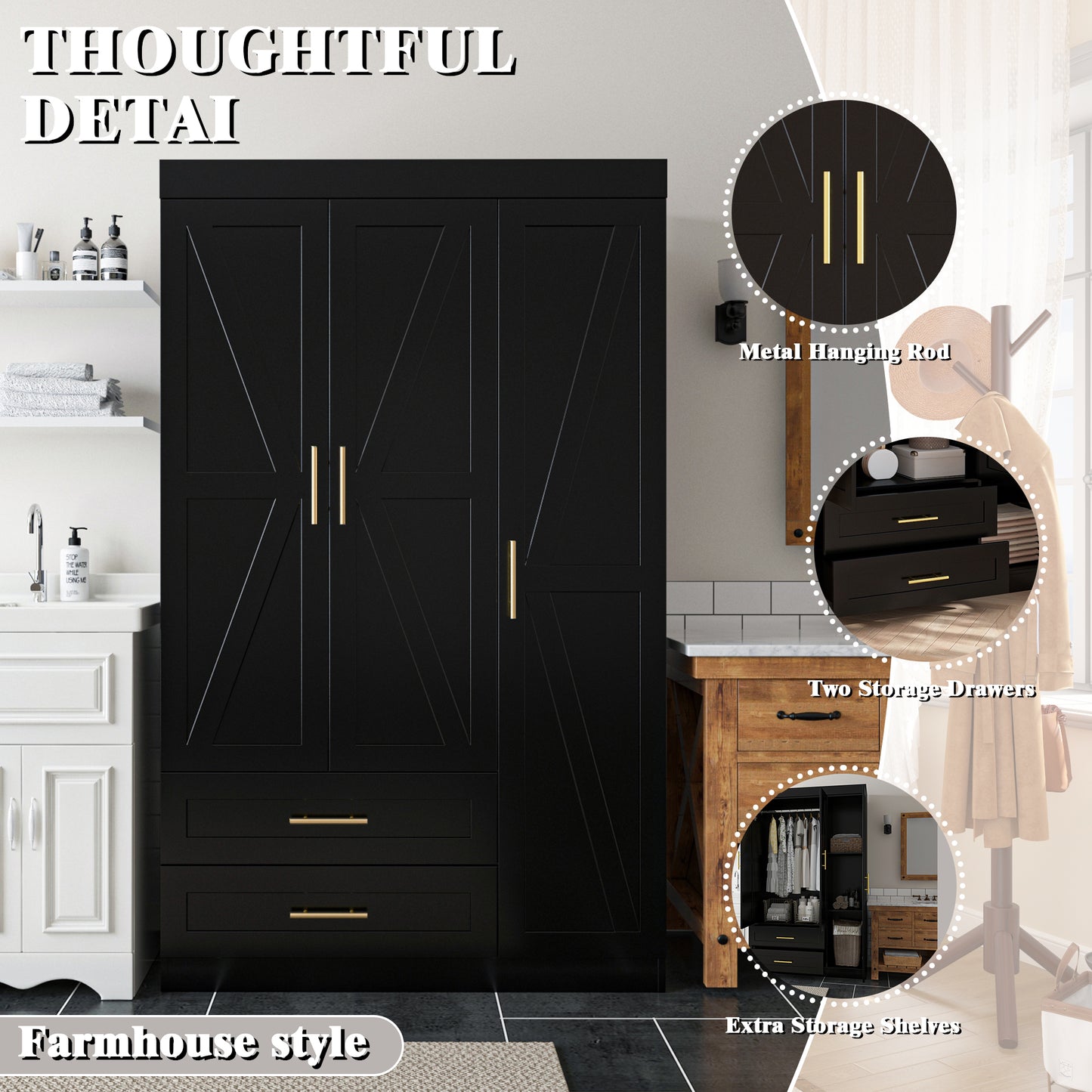 Shaker Style Classic Three-Door Wardrobe, Wood Bedroom Armoire With Hanging Rod And Shelves, Spacious Storage Closet, Modern Farmhouse Design, Black