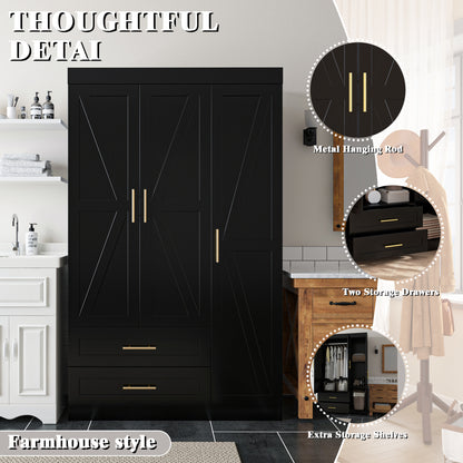 Shaker Style Classic Three-Door Wardrobe, Wood Bedroom Armoire With Hanging Rod And Shelves, Spacious Storage Closet, Modern Farmhouse Design, Black