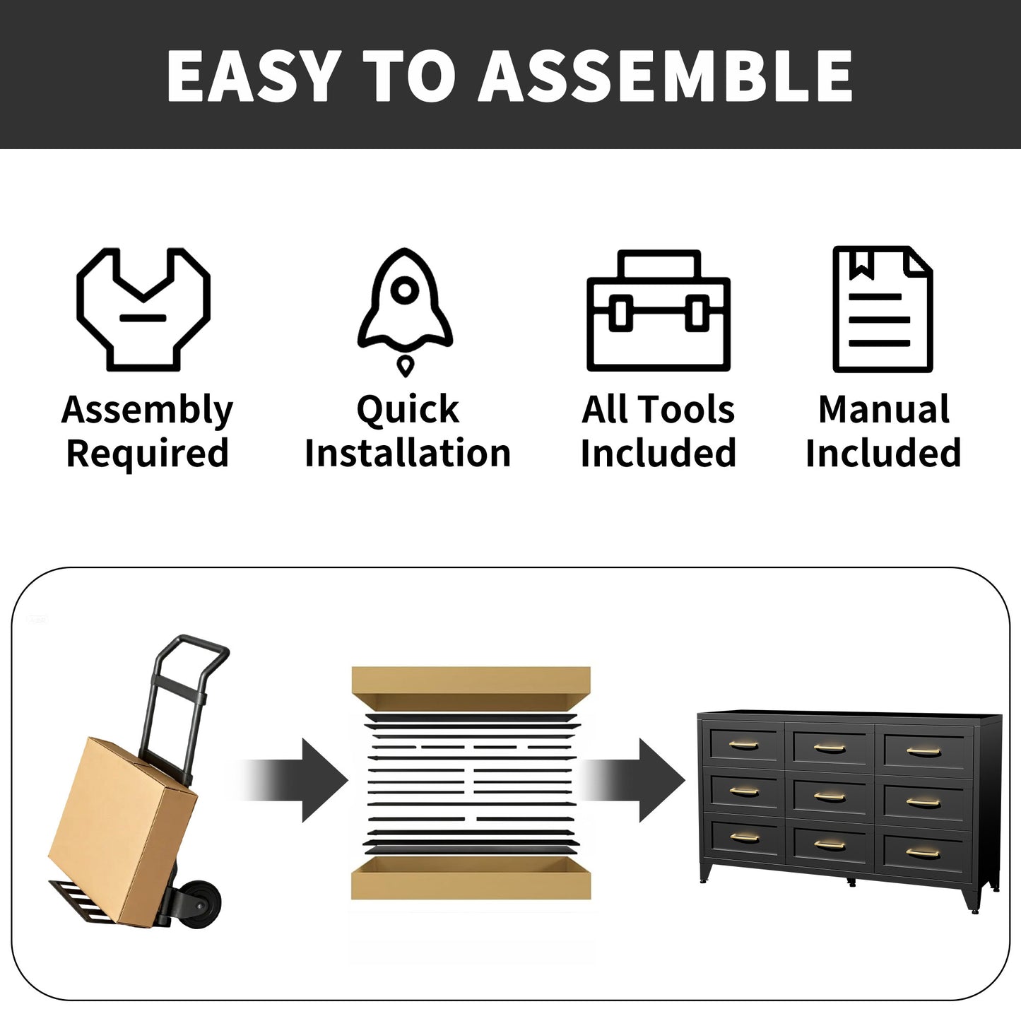 9-Drawer Black Metal Dresser - Eco-Friendly Steel Chest with Quiet-Glide Rails & Anti-Tip Kit