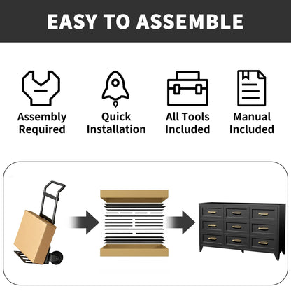 9-Drawer Black Metal Dresser - Eco-Friendly Steel Chest with Quiet-Glide Rails & Anti-Tip Kit