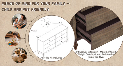 6-Drawer Double Wide Dresser with Self-Closing Slides & Roman Column Legs - Rustic Burnt Wood, Deep Brown